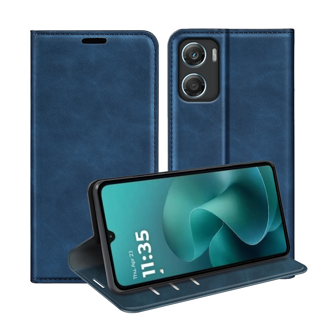 Een blauwe telefoonhoes met een telefoon die 11:35 weergeeft. De hoes is open en toont de telefoon en de binnenkant.