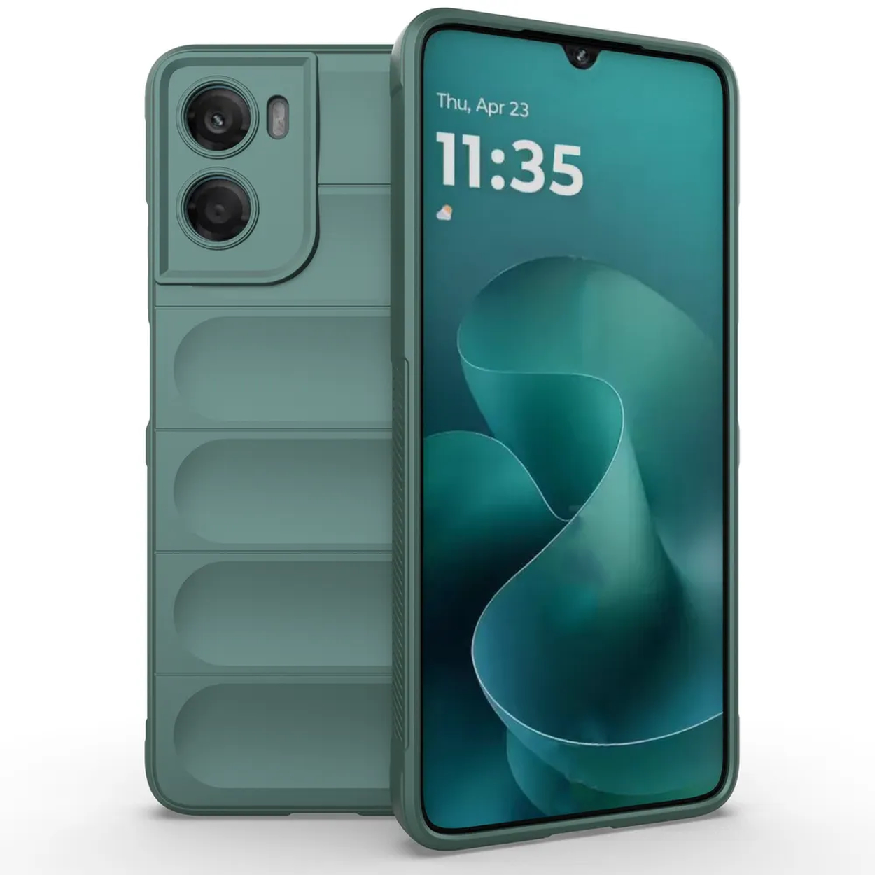 Un téléphone vert avec un étui est affiché. L'écran affiche l'heure. L'étui a un dos texturé et un module caméra.