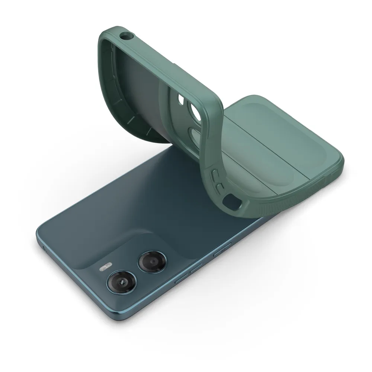 Un smartphone bleu-vert avec un étui vert est placé dessus. L'étui est soulevé, révélant les lentilles de la caméra du téléphone.