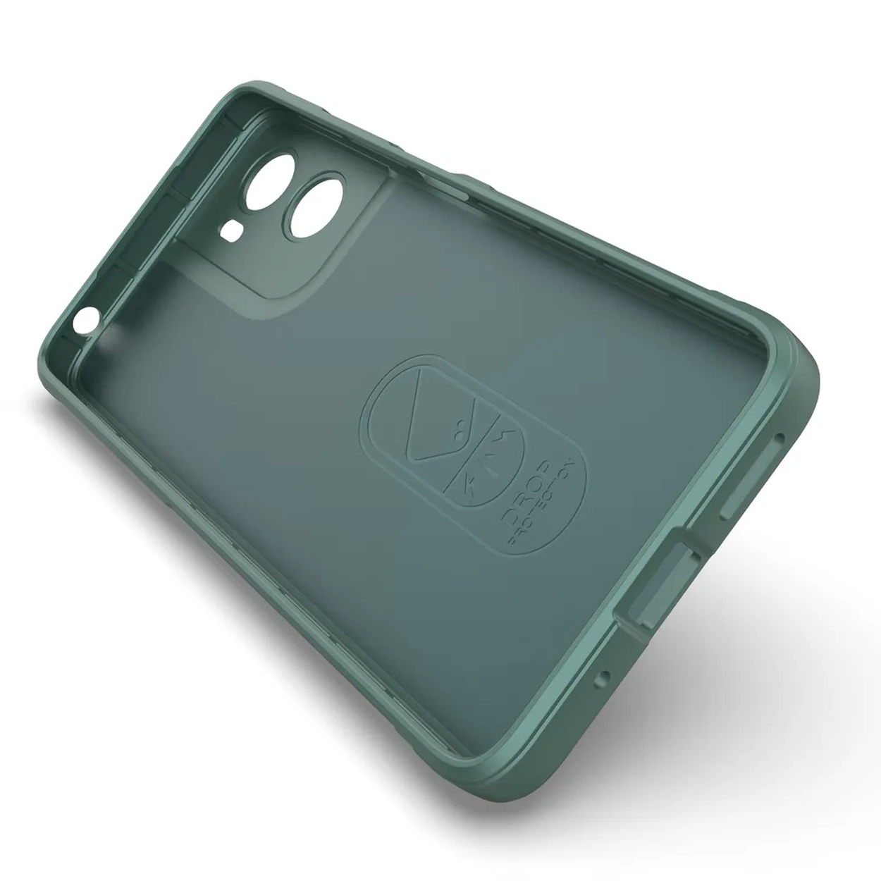 Vue en angle d'une coque de téléphone bleu-vert, montrant l'intérieur, les découpes pour l'appareil photo et le logo 'DROP PROTECTION' en relief.