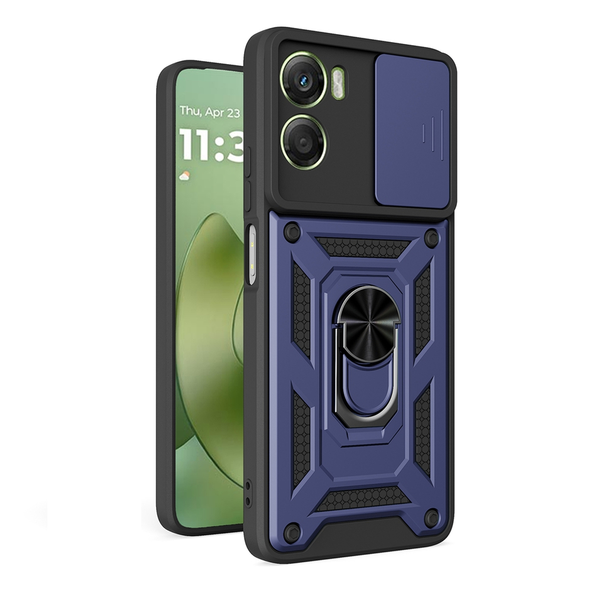 Een telefoon in een blauwe en zwarte hoes. De hoes heeft een cameraluik en een ringhouder. Het scherm toont de tijd.