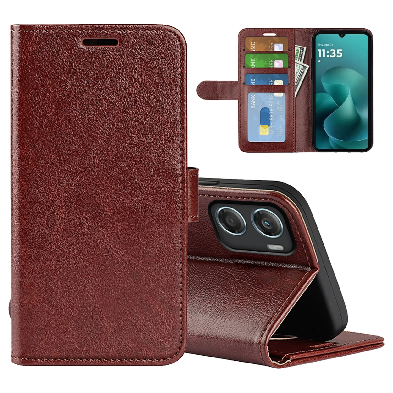 Un étui de téléphone en cuir marron est ouvert, révélant un téléphone, des cartes de crédit et de l'argent. C'est un étui de type portefeuille.