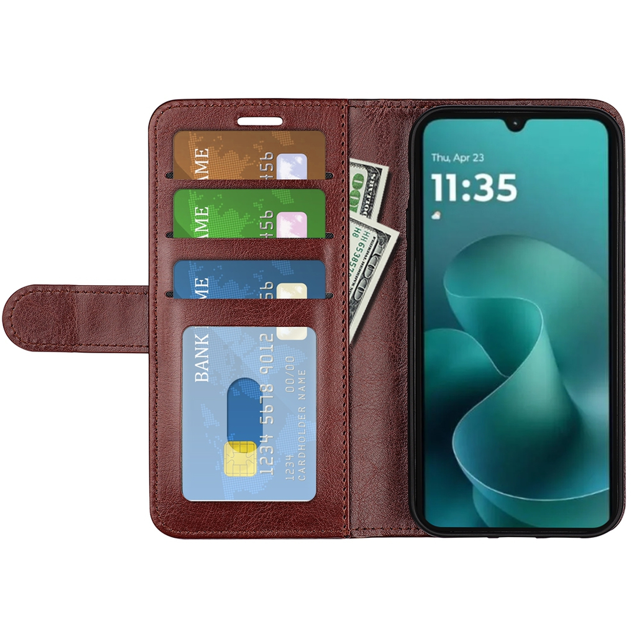 Étui de téléphone marron avec cartes de crédit, un smartphone affichant l'heure et des billets de dollar. L'étui est ouvert.