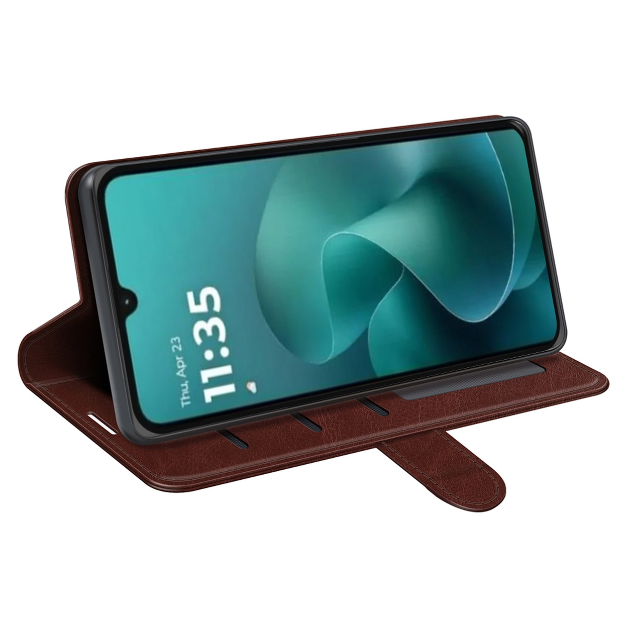 Un smartphone dans un étui en cuir marron, affichant une image abstraite verte et l'heure 11:35 à l'écran.