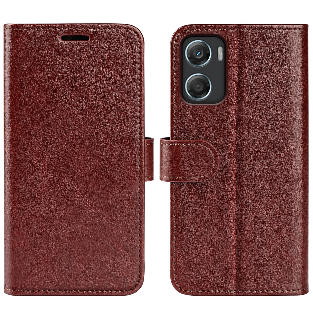 Un étui de téléphone en cuir marron, ouvert. Il a une fermeture magnétique. Les caméras du téléphone sont visibles d'un côté.