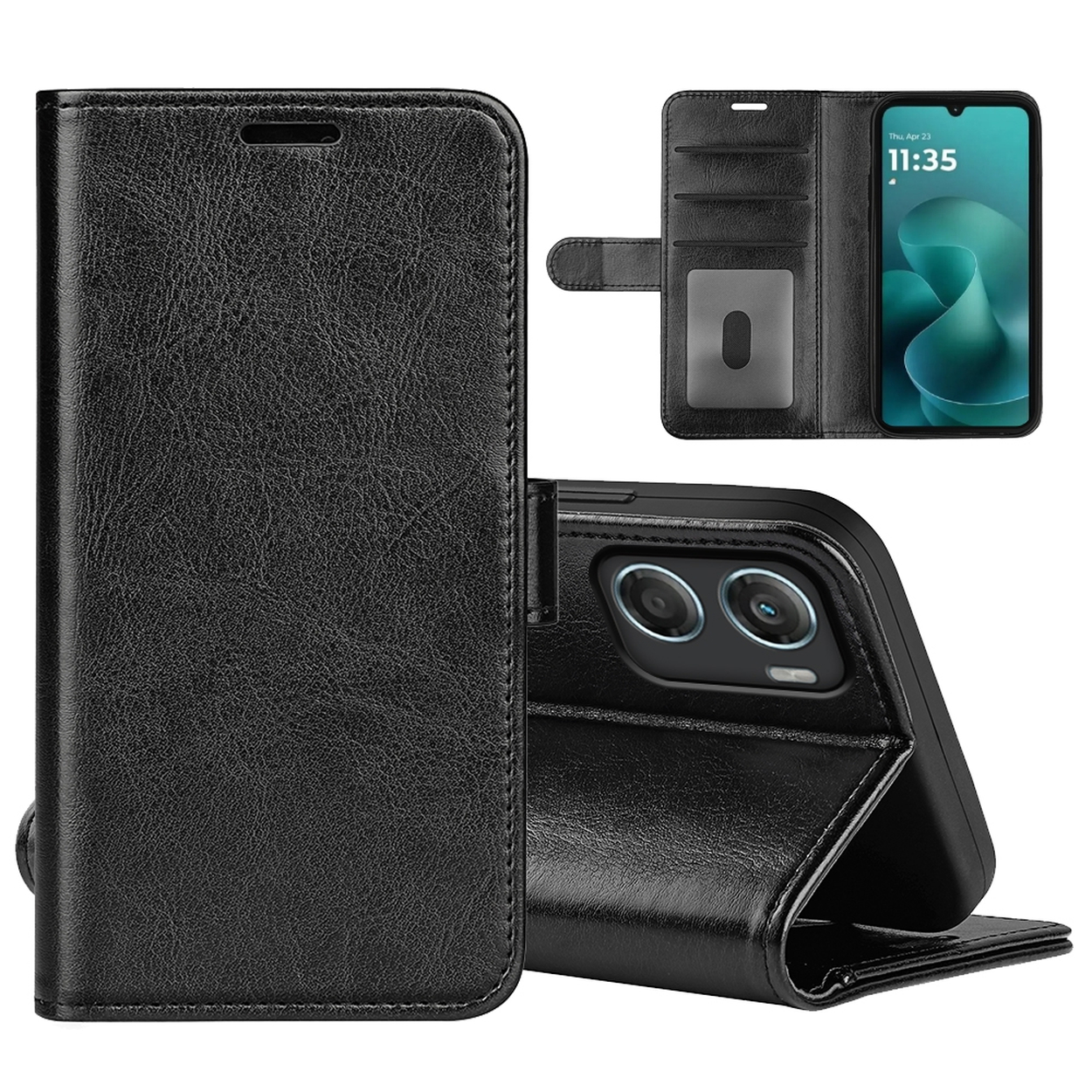 Étui de téléphone en cuir noir, ouvert pour révéler un téléphone avec un écran affichant l'heure. L'étui a des fentes pour cartes et des trous pour l'appareil photo.