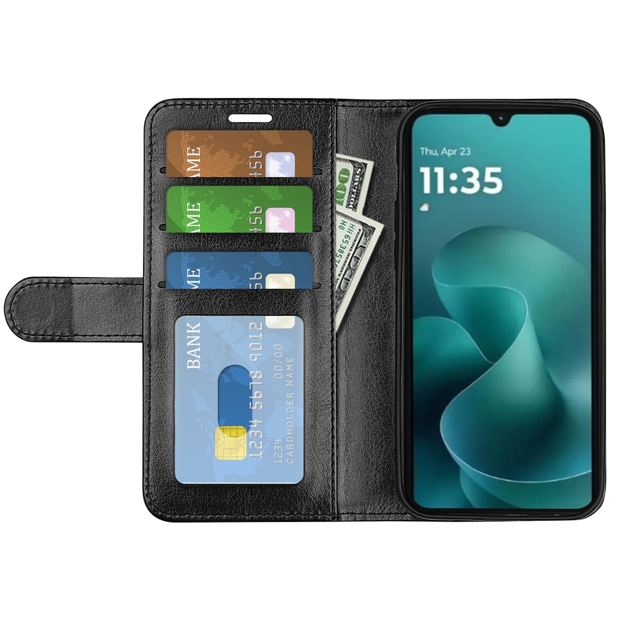 Étui de téléphone noir avec un téléphone affichant un fond vert. Il possède plusieurs emplacements pour cartes avec des cartes de crédit et de l'argent.