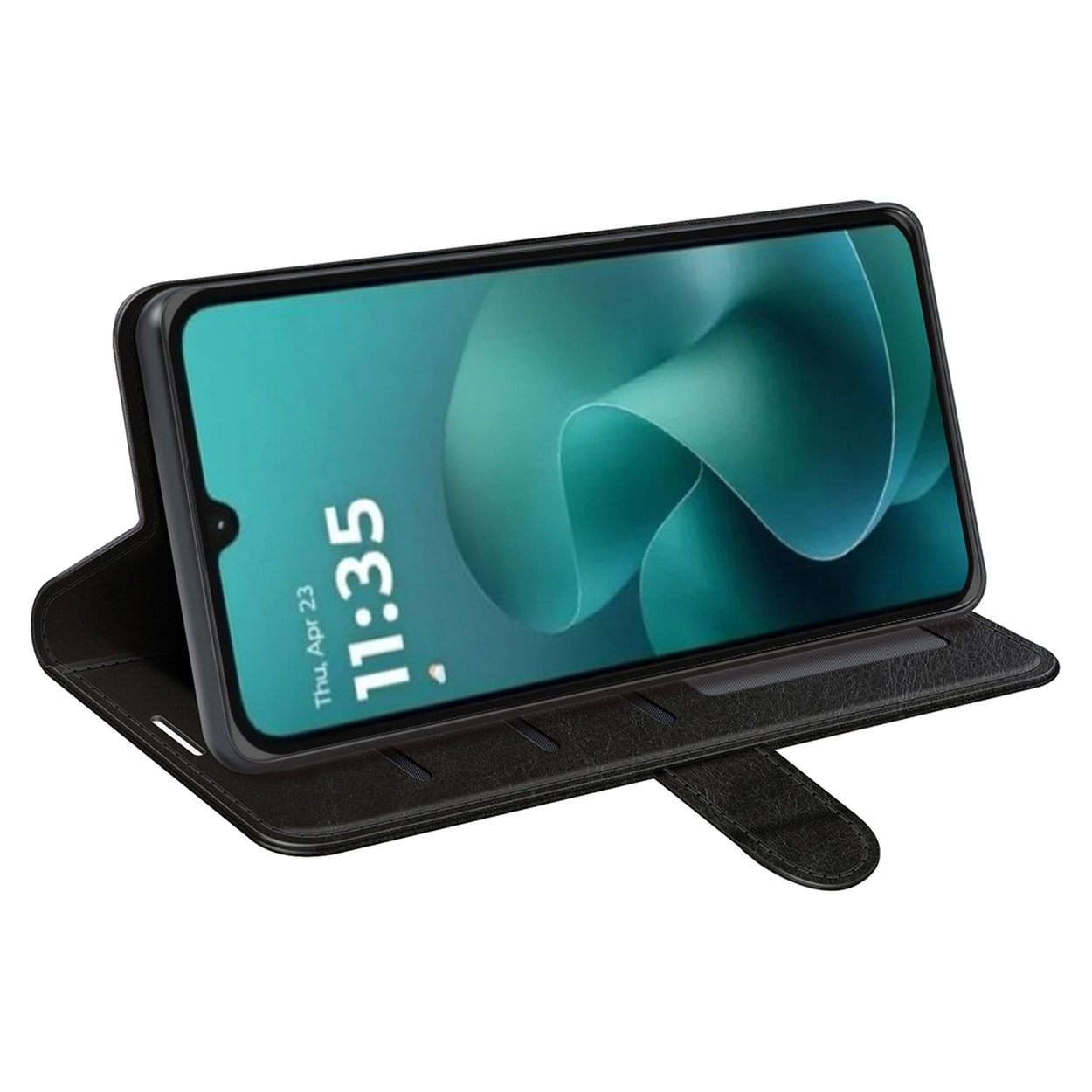 Un smartphone dans un étui noir affiche une image abstraite verte et l'heure 11h35. L'étui est ouvert, montrant un design de portefeuille.