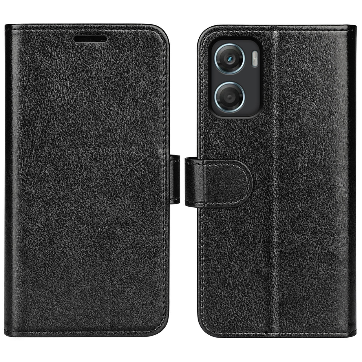 Un étui de téléphone en cuir noir, ouvert. Le côté gauche est uni, le droit a une caméra. Un fermoir sécurise l'étui.