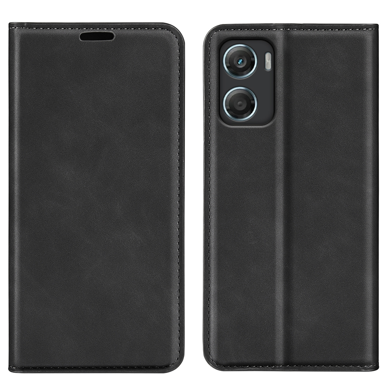 Zwarte leren telefoonhoes, open. De rechterkant toont de telefoon met cameralenzen. De linkerkant is de hoes. Beide kanten zijn zichtbaar.