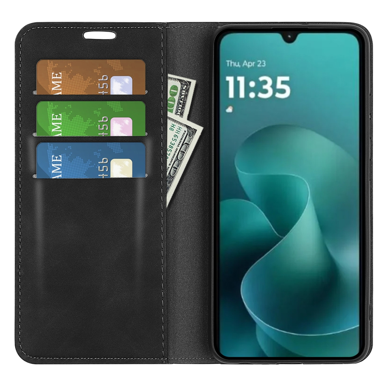 Zwarte telefoonhoes met creditcards en geld. Telefoon toont de tijd. De hoes is open.