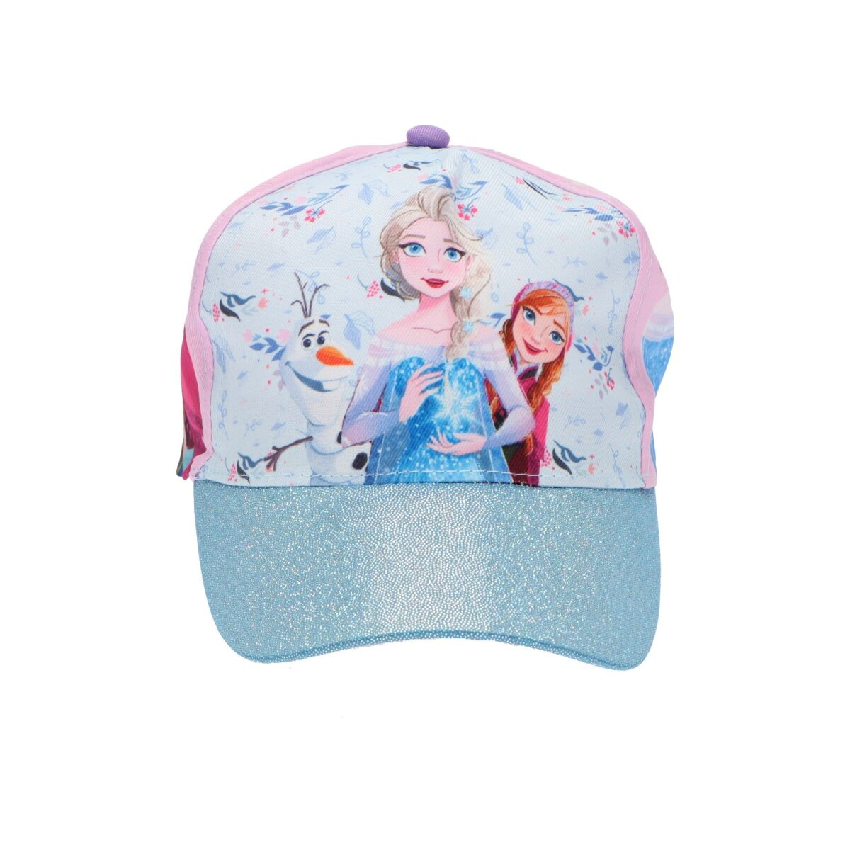 Eine Frozen-Baseballkappe. Sie zeigt Elsa, Anna und Olaf. Der Schirm ist hellblau, die Oberseite hellblau und rosa.