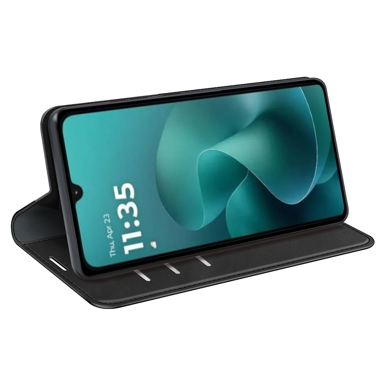 Een smartphone in een zwarte hoes toont een groene achtergrond met de tijd 11:35. De hoes is open.