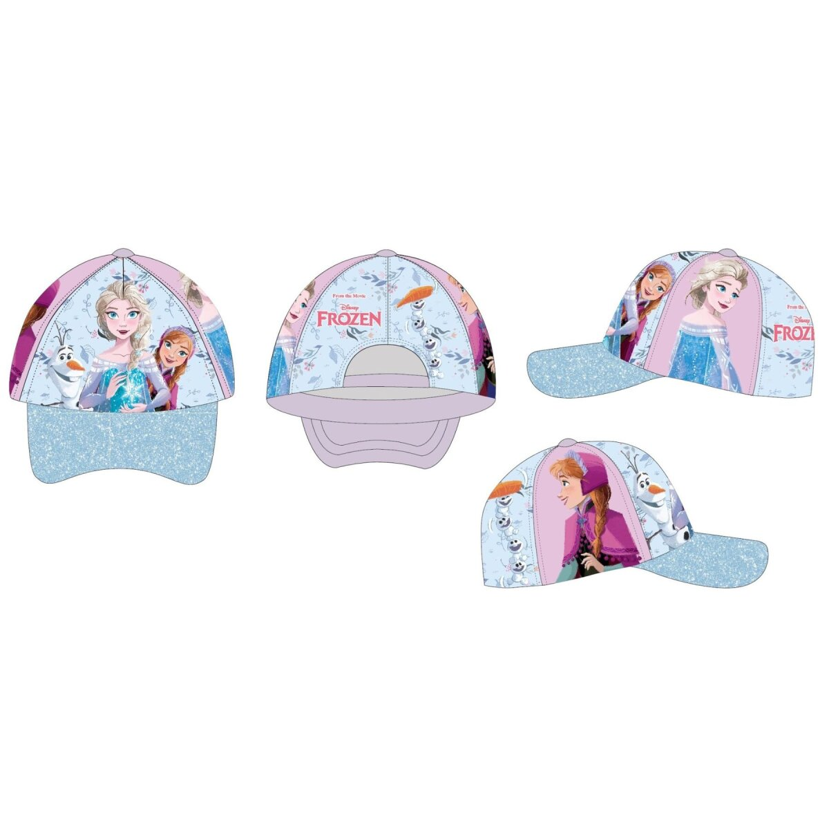 Vier Ansichten einer Frozen-Baseballkappe. Die Kappe zeigt Elsa, Anna und Olaf. Der Schirm ist blau mit Glitzer.