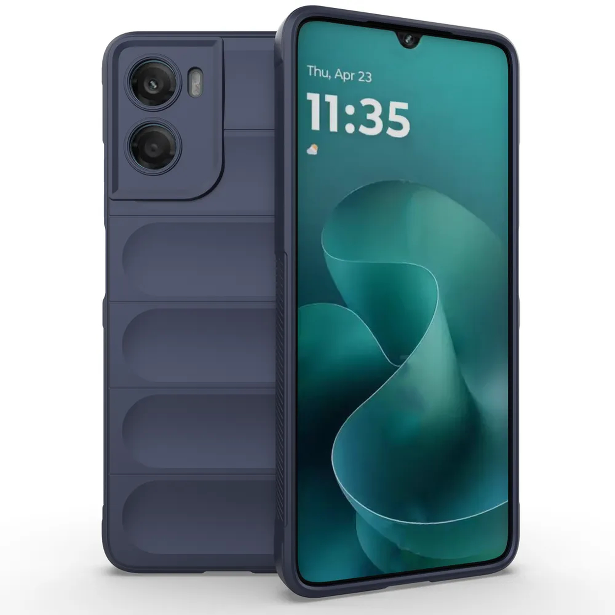 Un téléphone bleu foncé avec un étui est affiché. L'écran affiche la date et l'heure. L'étui a un design texturé.