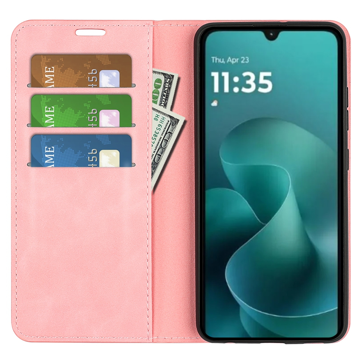 Roze telefoonhoesje met een telefoon die de tijd weergeeft, creditcard slots en een dollarbiljet.