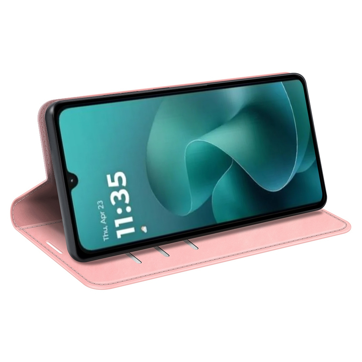 Een smartphone met een groen scherm met 11:35 staat in een roze leren hoes. De hoes is open.