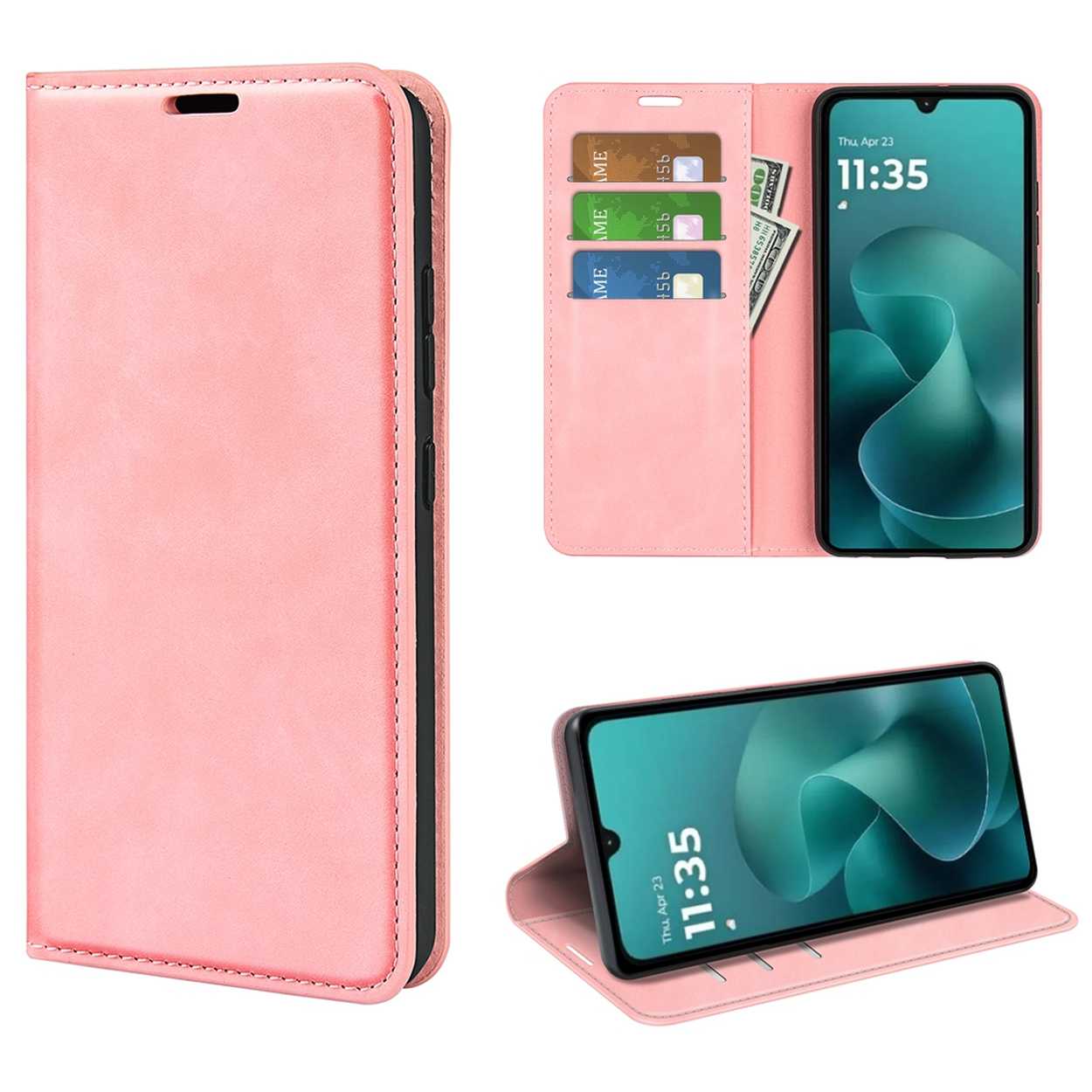 Roze telefoonhoesje met een telefoon die de tijd weergeeft. Het heeft kaartsleuven en een honderd dollar biljet. Er zijn verschillende weergaven.