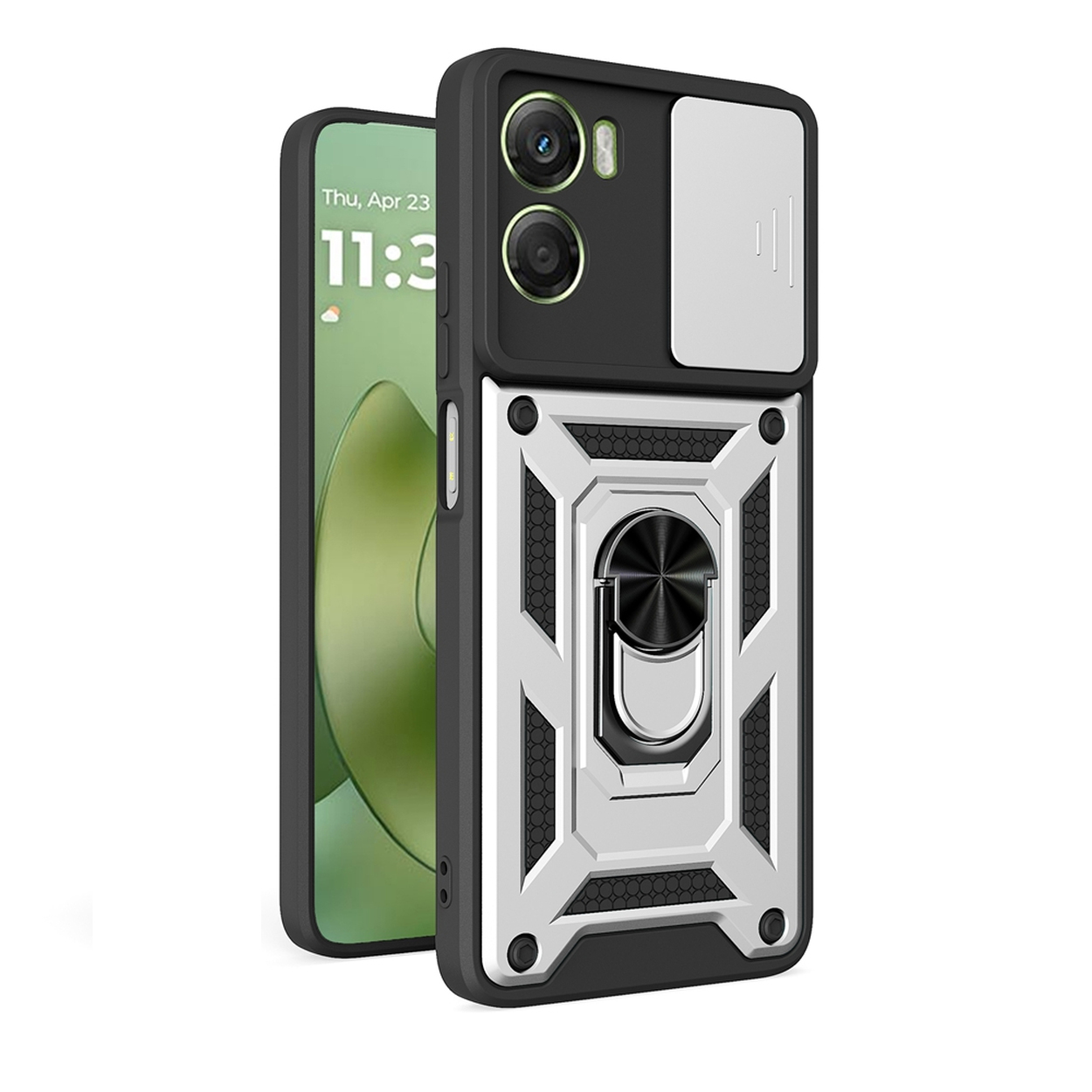 Een telefoon in een zwart-zilveren hoesje met een ringhouder. De telefoon geeft de tijd 11:30 uur en de datum donderdag 23 april weer.