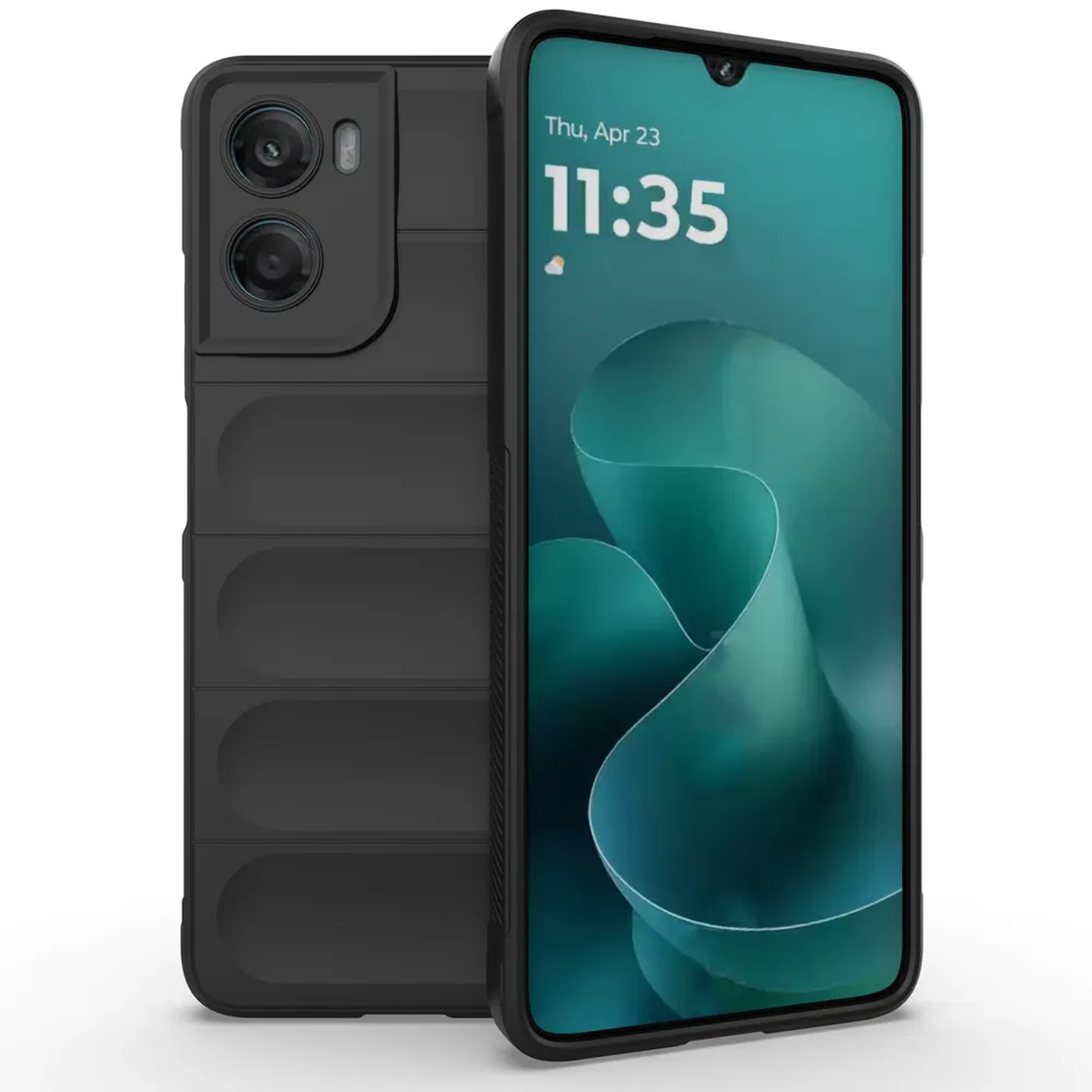 Téléphone noir avec étui, l'écran affiche la date et l'heure. L'étui a une découpe pour l'appareil photo et un dos texturé.