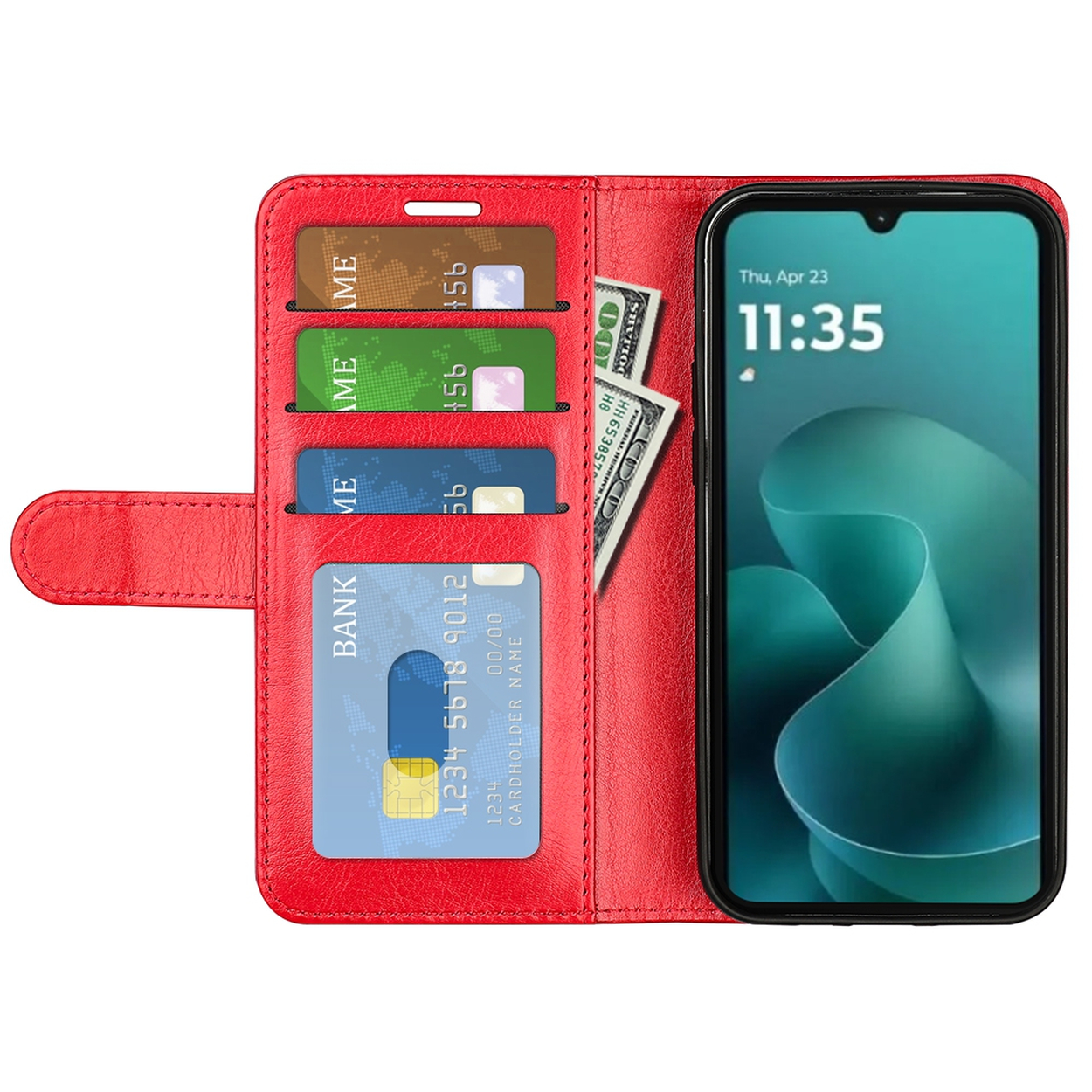 Rode telefoonhoes met een telefoon die de tijd, creditcards en geld weergeeft. De hoes is open en toont de binnenkant.