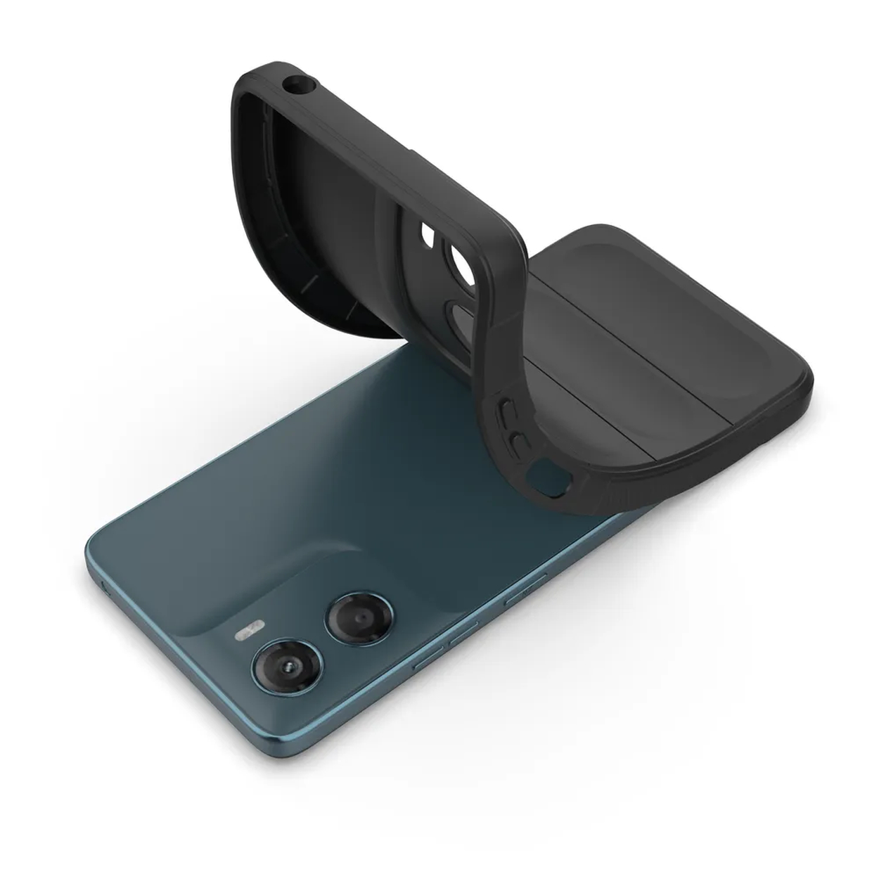 Un smartphone bleu-vert avec un étui noir en cours d'application. L'étui est soulevé, révélant les lentilles de l'appareil photo.