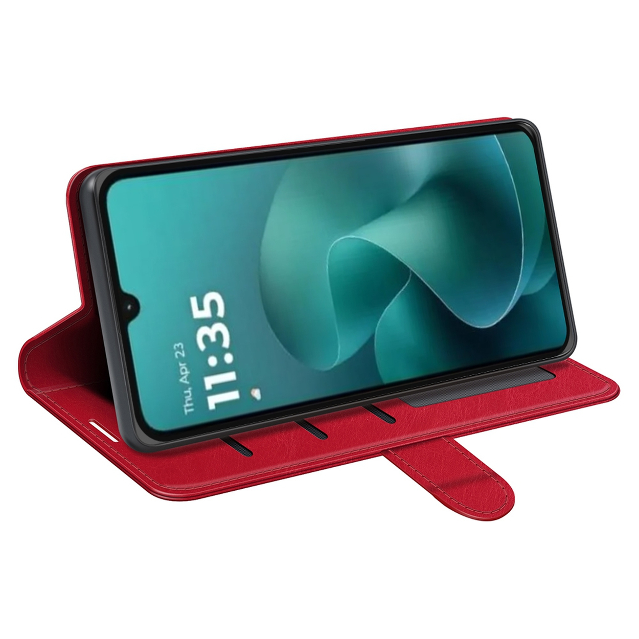 Een rode telefoonhoes met een telefoon die 11:35 weergeeft. Het scherm toont een groene abstracte achtergrond. De hoes is open.