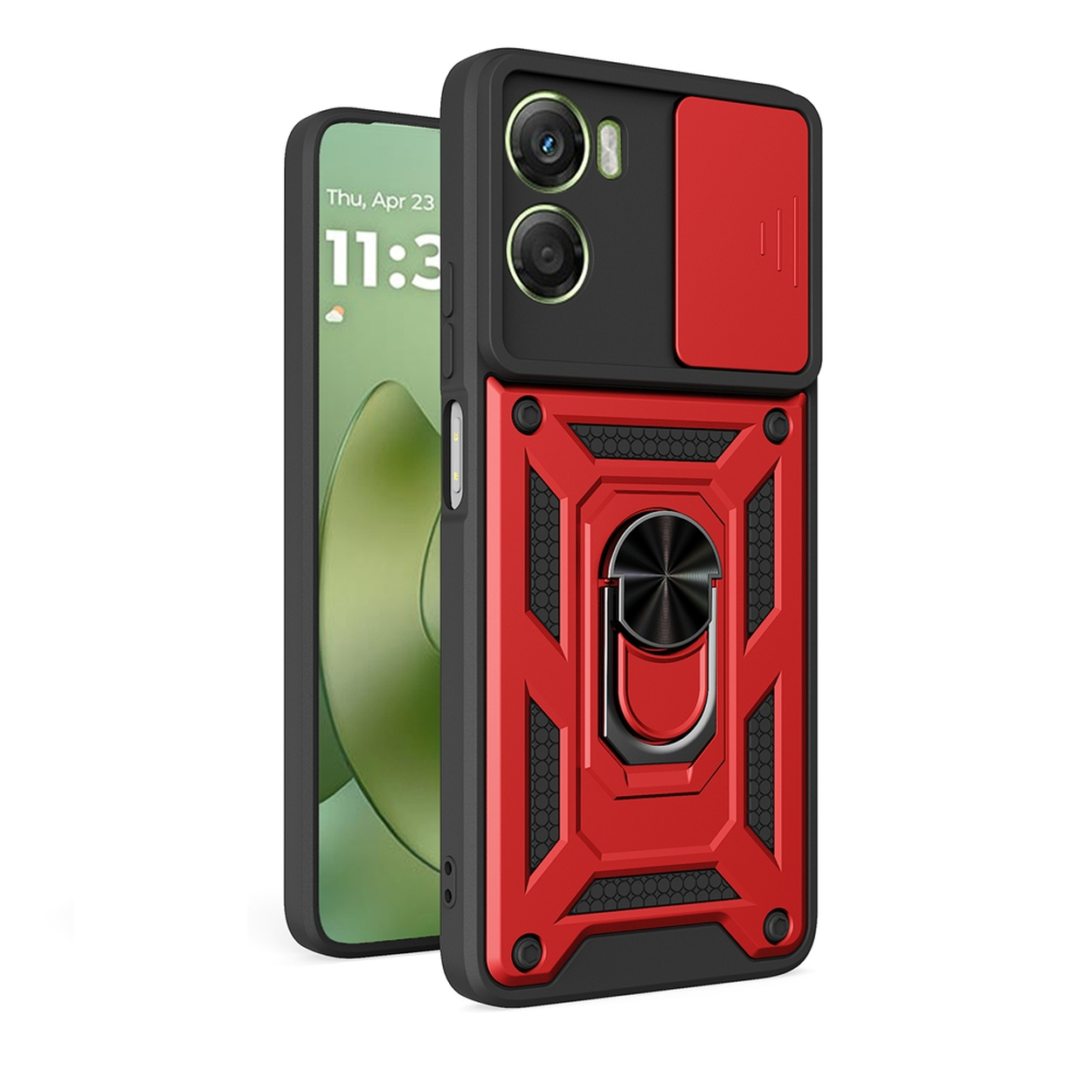 Een rood-zwarte telefoonhoes met een telefoon die de tijd weergeeft. De hoes heeft een ringhouder en een cameralensafdekking.