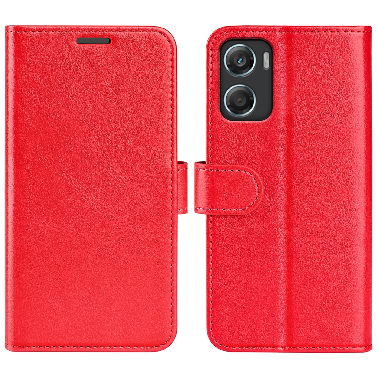 Een rode leren telefoonhoes, open. Het heeft een magnetische sluiting en stiksels. De rechterkant toont telefooncamera's.