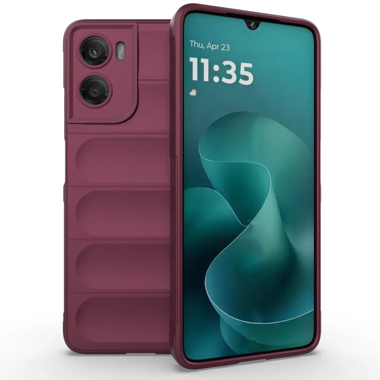 Un téléphone bordeaux avec un étui est affiché. L'écran affiche la date et l'heure. L'étui a une découpe pour l'appareil photo et un dos texturé.