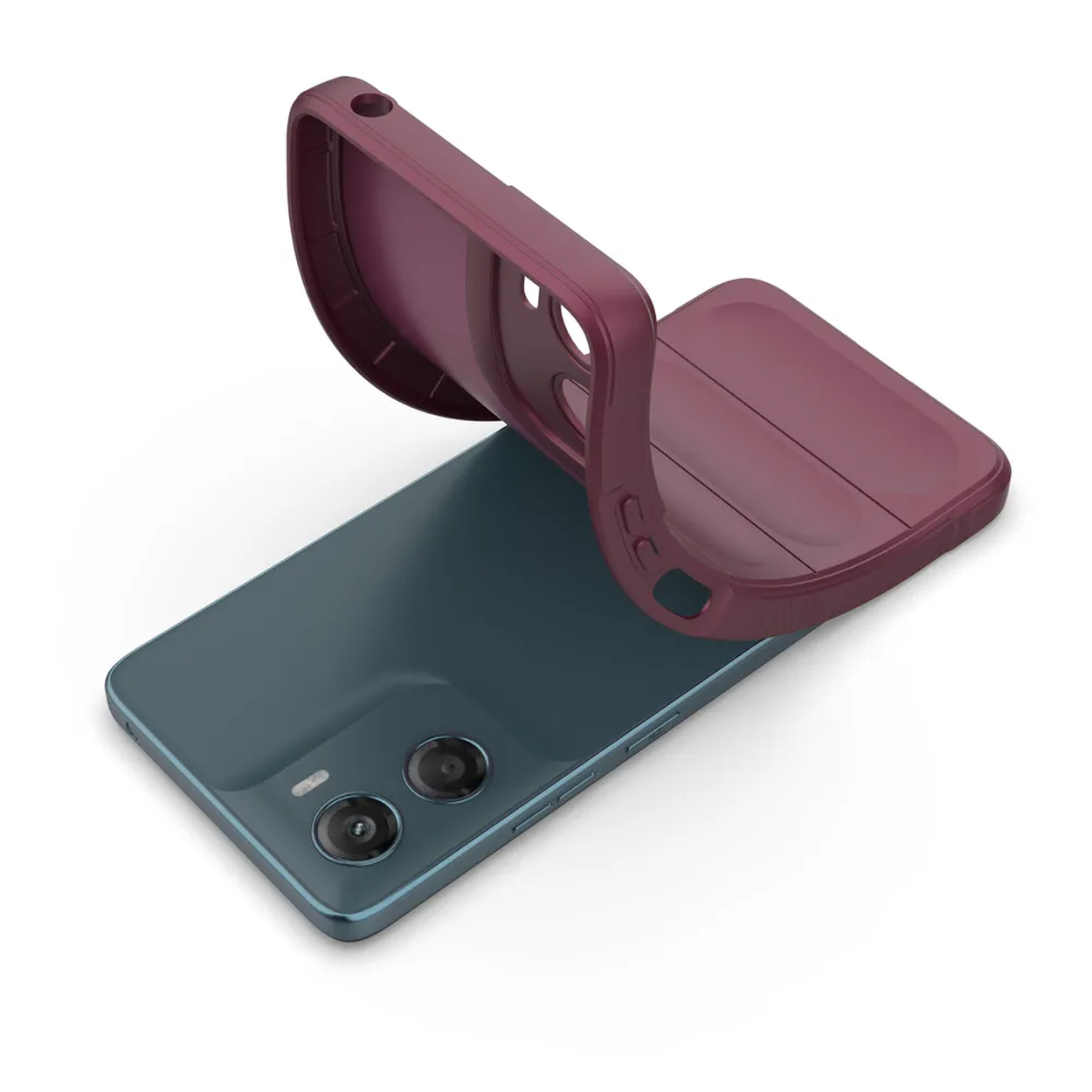 Un smartphone bleu-vert avec un étui bordeaux en cours d'application. L'étui est légèrement soulevé, révélant les lentilles de l'appareil photo.