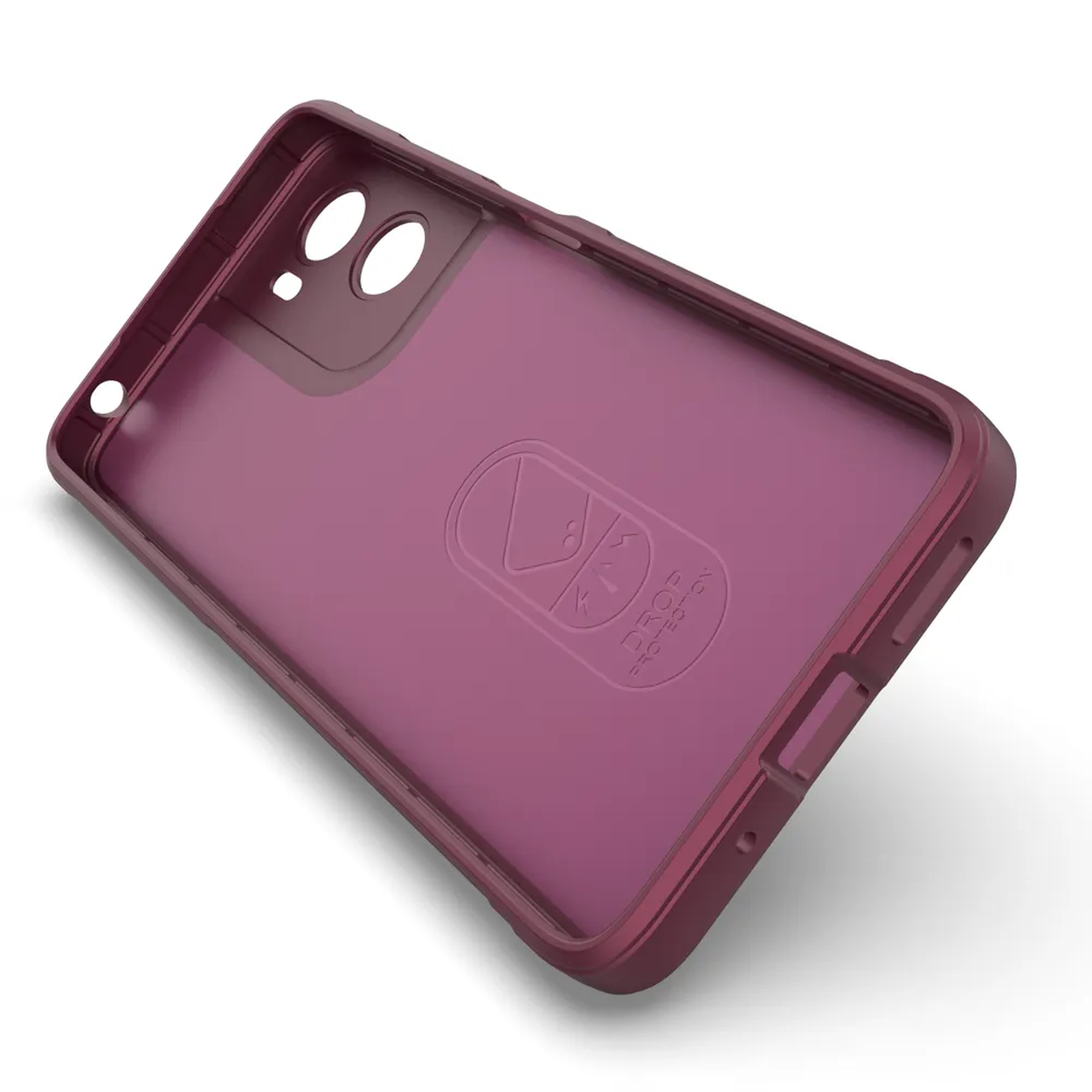 Une coque de téléphone bordeaux avec des découpes transparentes pour l'appareil photo. Un logo est visible sur la surface intérieure. Sur fond blanc.