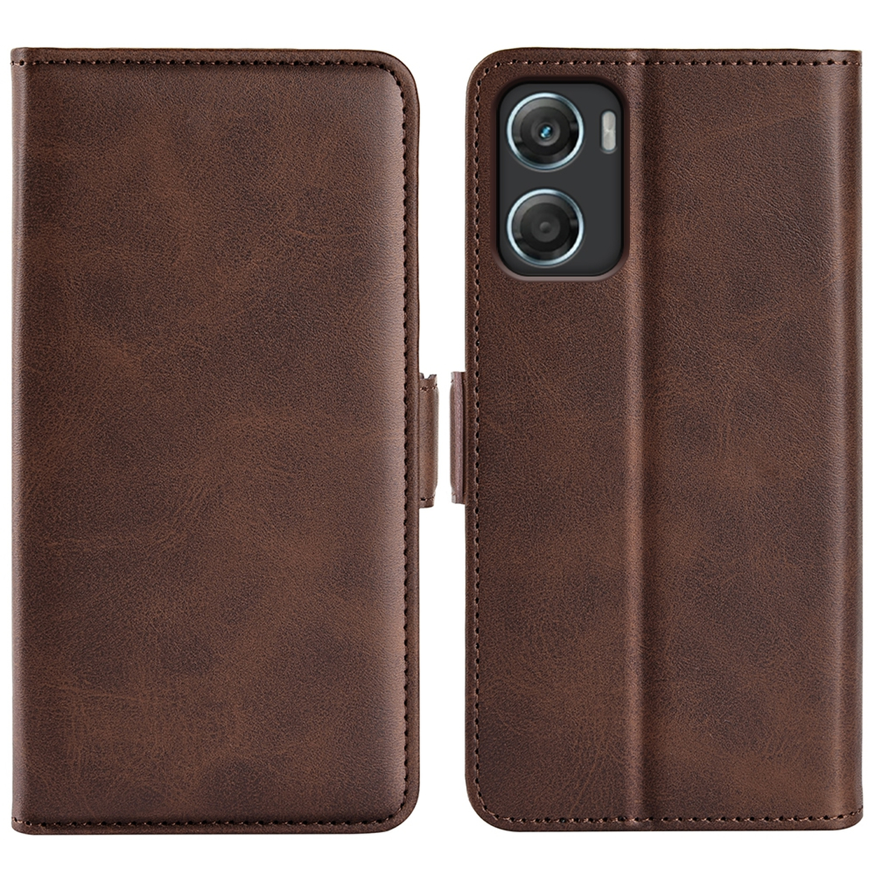 Étui de téléphone en cuir marron, ouvert. Le côté gauche est vide. Le côté droit a un téléphone avec des caméras.