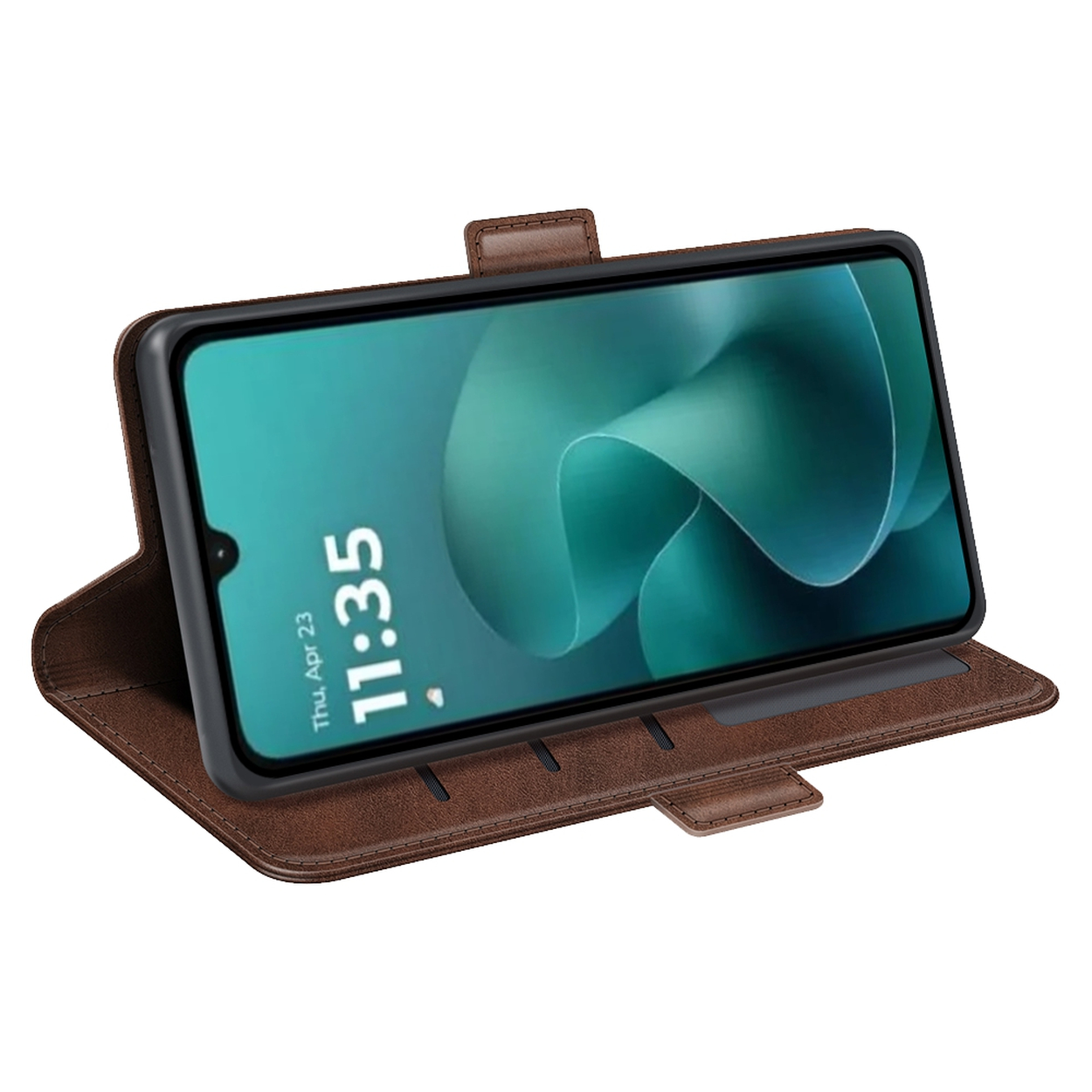 Un étui de téléphone marron contient un smartphone affichant 11h35. L'étui est ouvert, révélant le téléphone et l'intérieur.