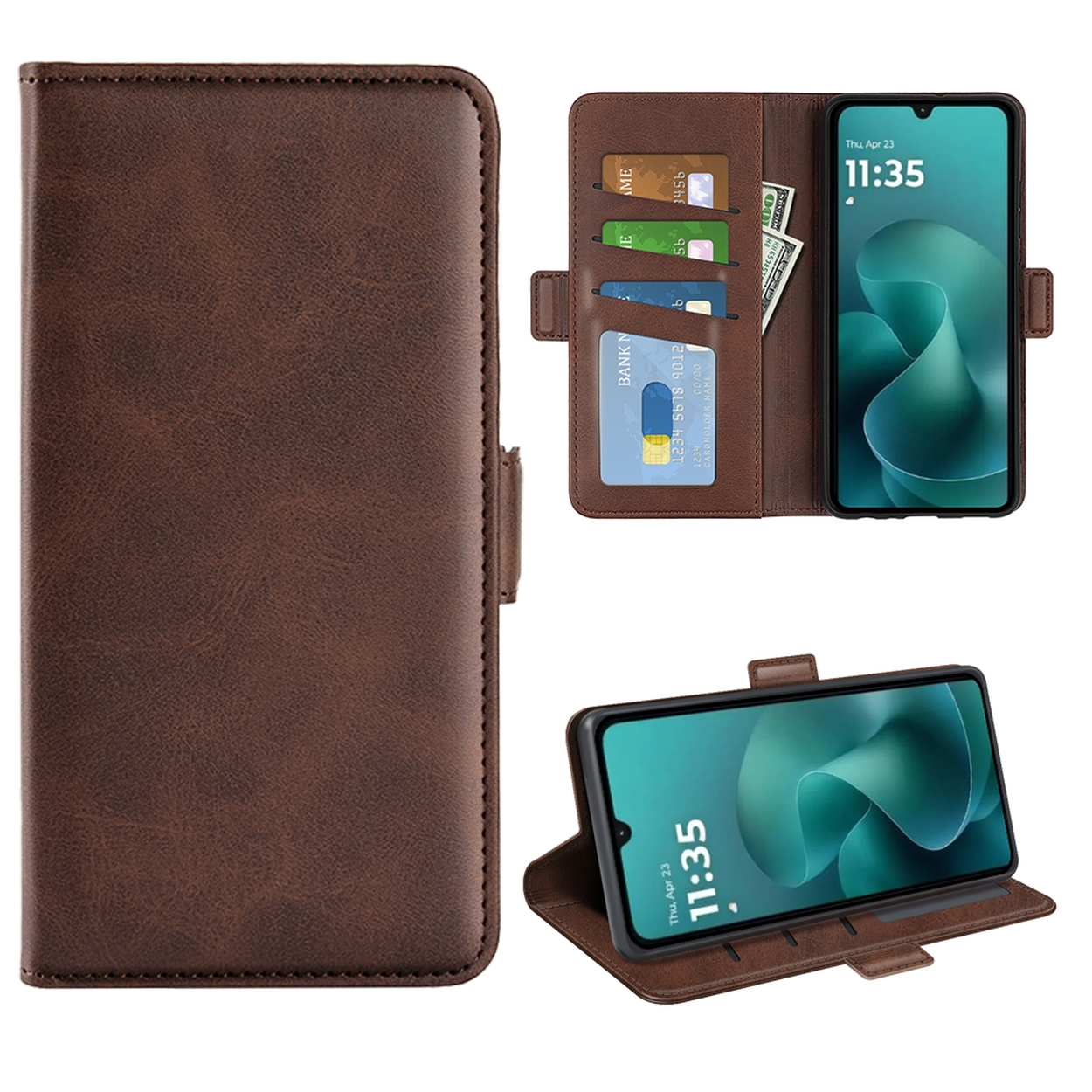 Étui de téléphone en cuir marron avec cartes, argent et un téléphone affichant l'heure. Trois vues: fermé, ouvert et incliné.