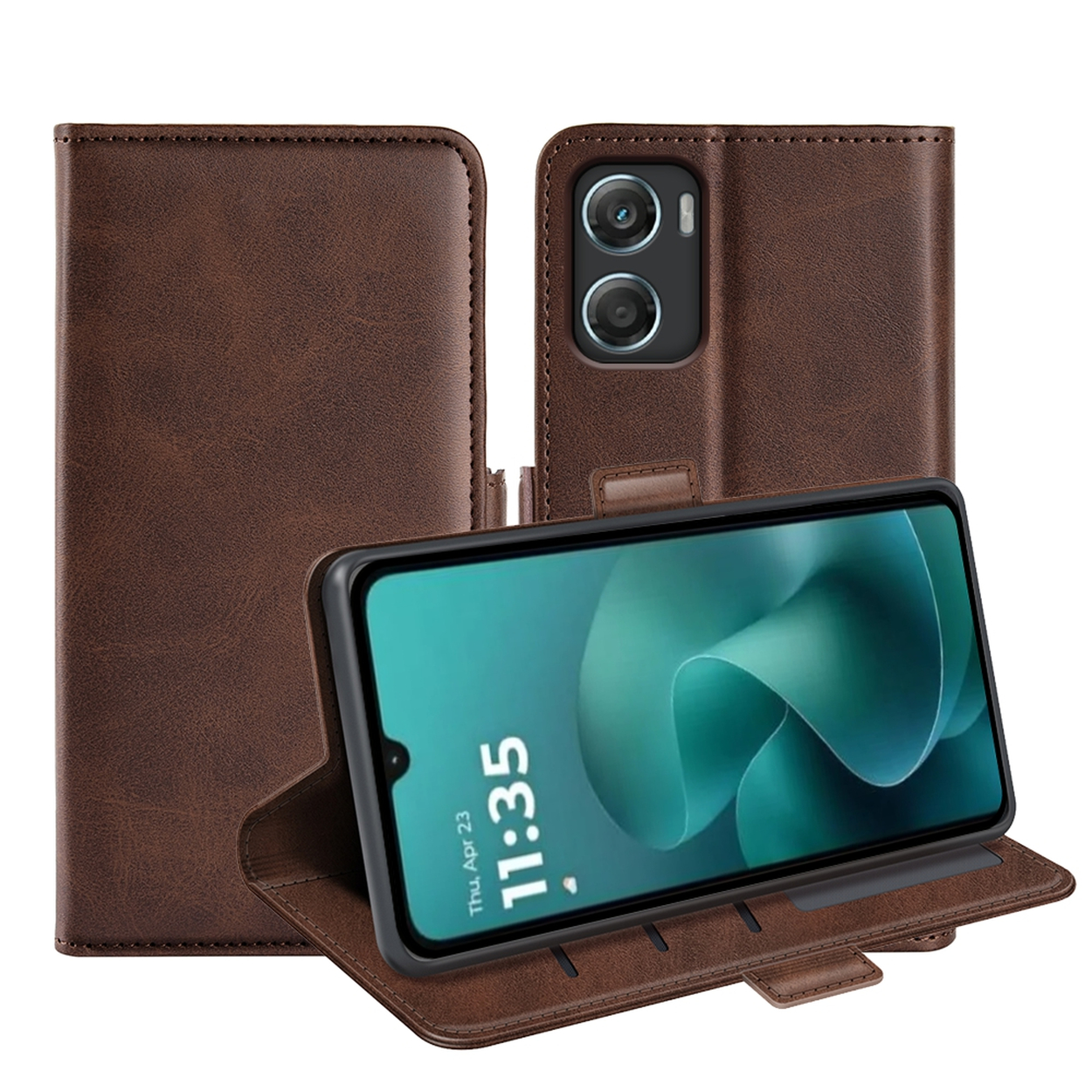 Un étui de téléphone en cuir marron est ouvert, montrant l'écran du téléphone. L'étui est en trois parties, avec un téléphone à l'intérieur.