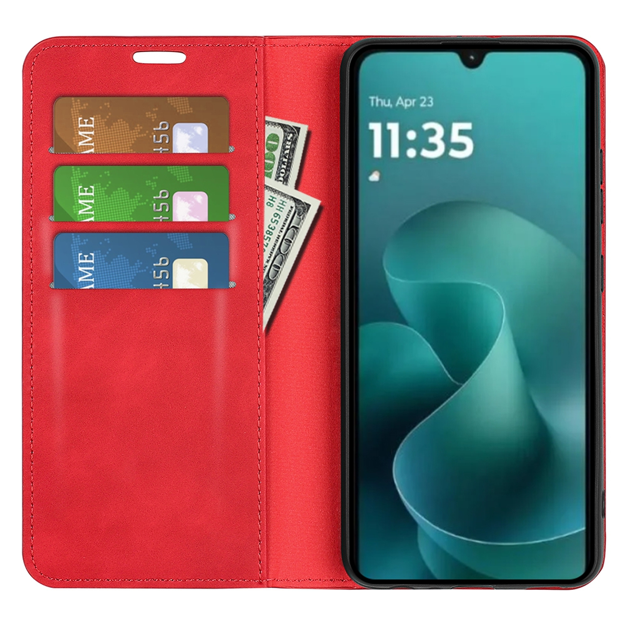 Rode telefoonhoes open met telefoon, kaarten en geld zichtbaar. Telefoonscherm toont tijd en abstract turquoise design.
