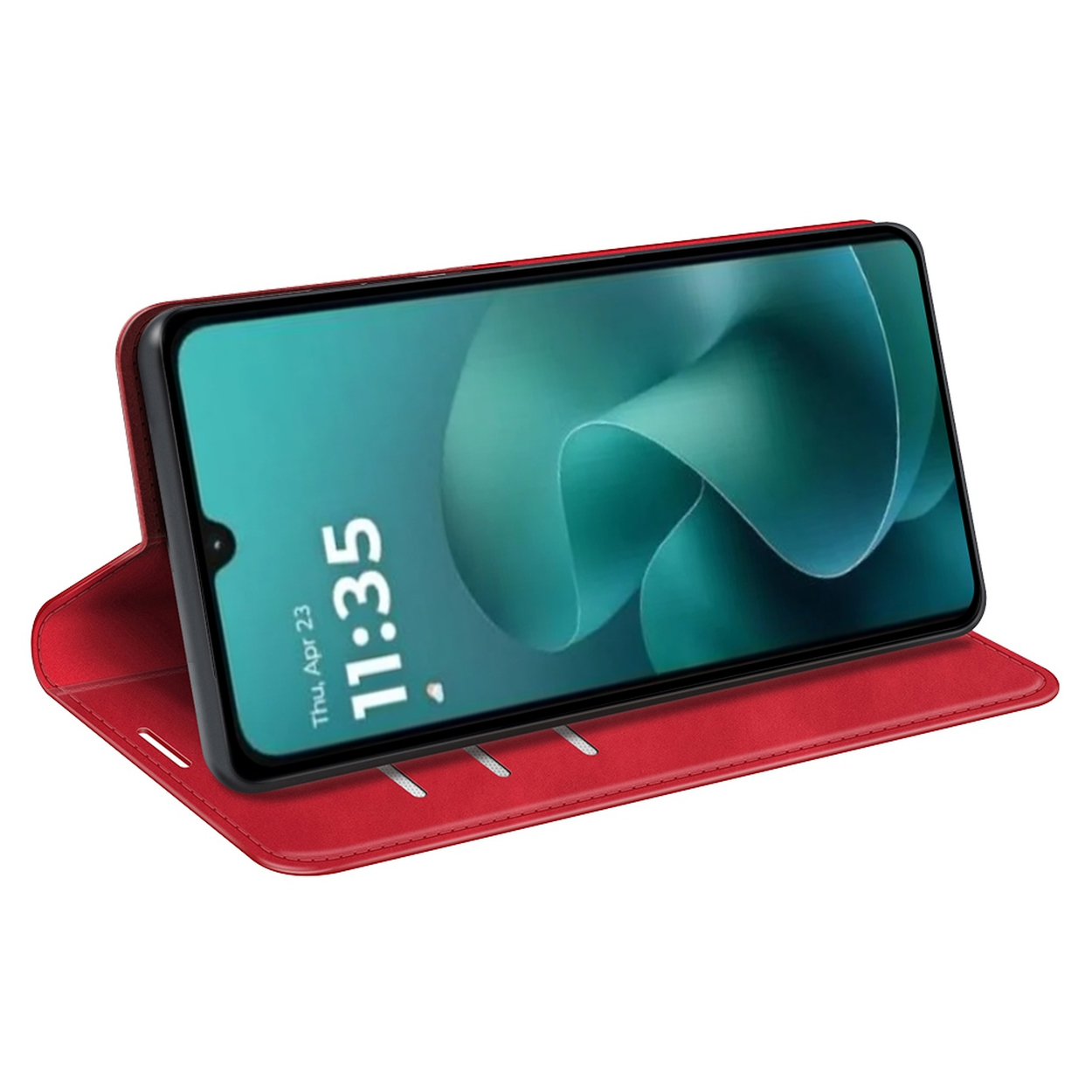Een rode telefoonhoes met een smartphone erin, die de tijd en datum weergeeft. De achtergrond is een wit oppervlak.