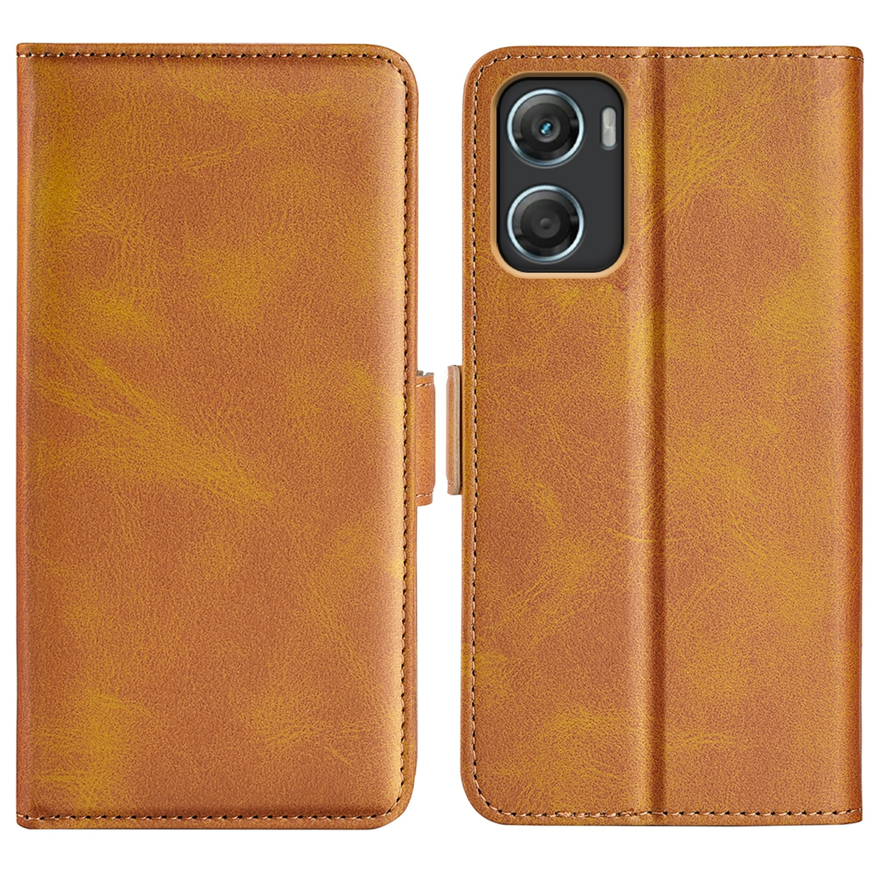 Un étui de téléphone en cuir marron, ouvert pour révéler l'appareil photo du téléphone. L'étui a une fermeture magnétique.