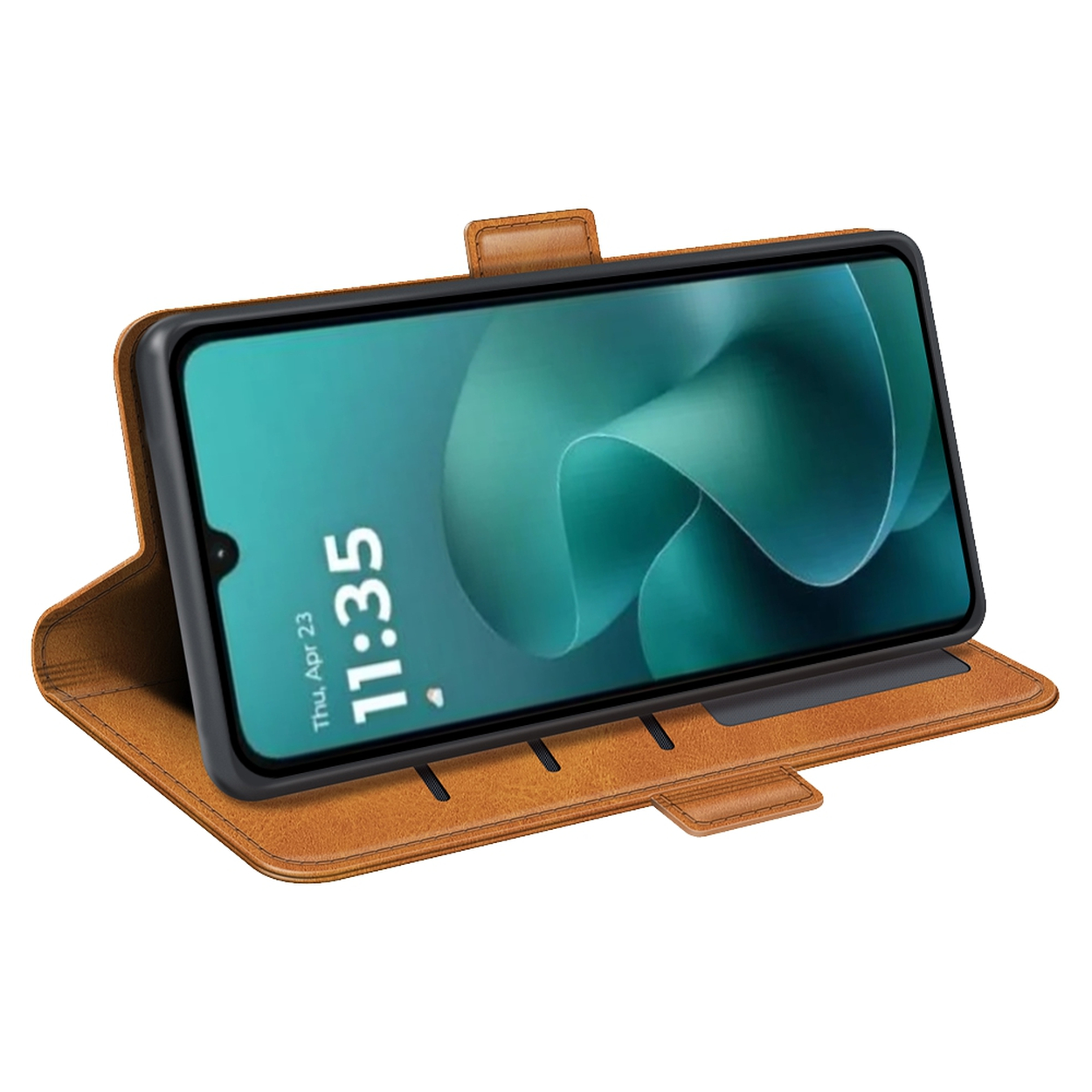 Un smartphone dans un étui en cuir marron. L'écran affiche une image abstraite verte et l'heure, 11h35. L'étui est ouvert.