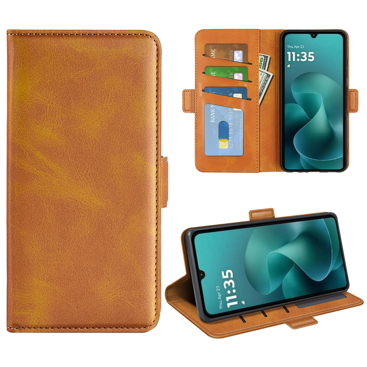 Étui de téléphone en cuir marron. Affiche le téléphone, les cartes et l'argent. Le téléphone affiche l'heure. Étui ouvert et fermé dans des vues séparées.