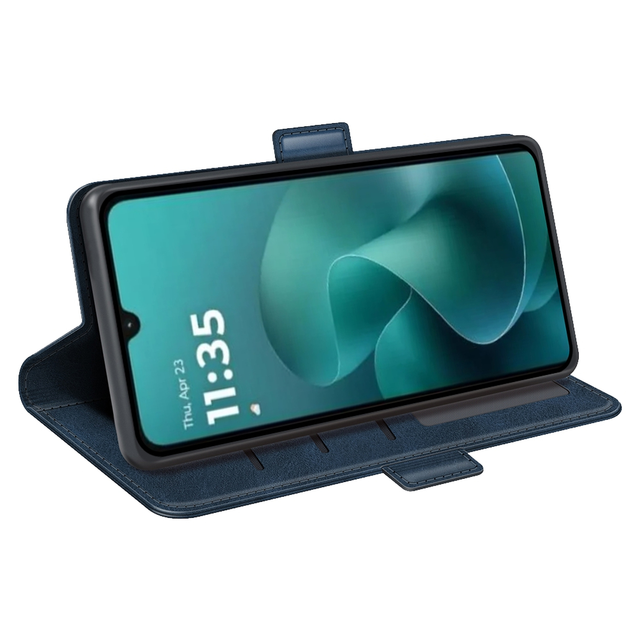 Een smartphone in een blauwe hoes toont 11:35. De hoes is open en toont het scherm en kaartsleuven.
