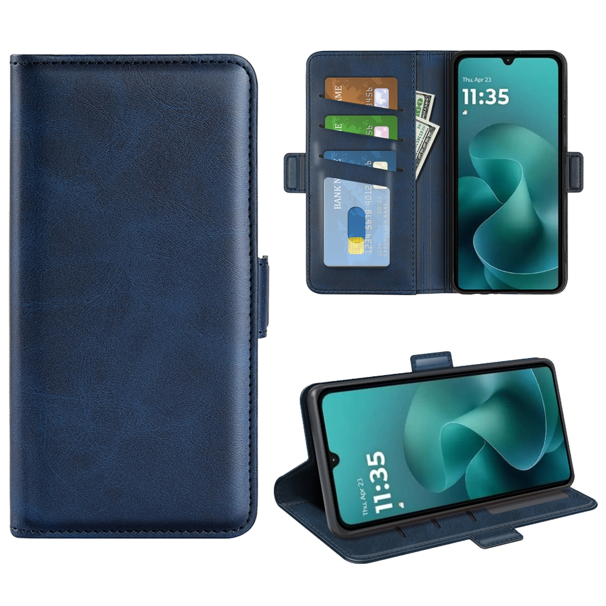 Een blauwe telefoonhoes met een telefoon, kaarten en contant geld. De telefoon geeft de tijd 11:35 weer. De hoes is open en dicht.