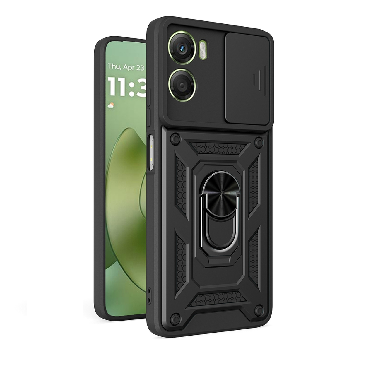 Een zwarte telefoonhoes met ringhouder en camerahoes. Een telefoon met groen scherm ernaast.