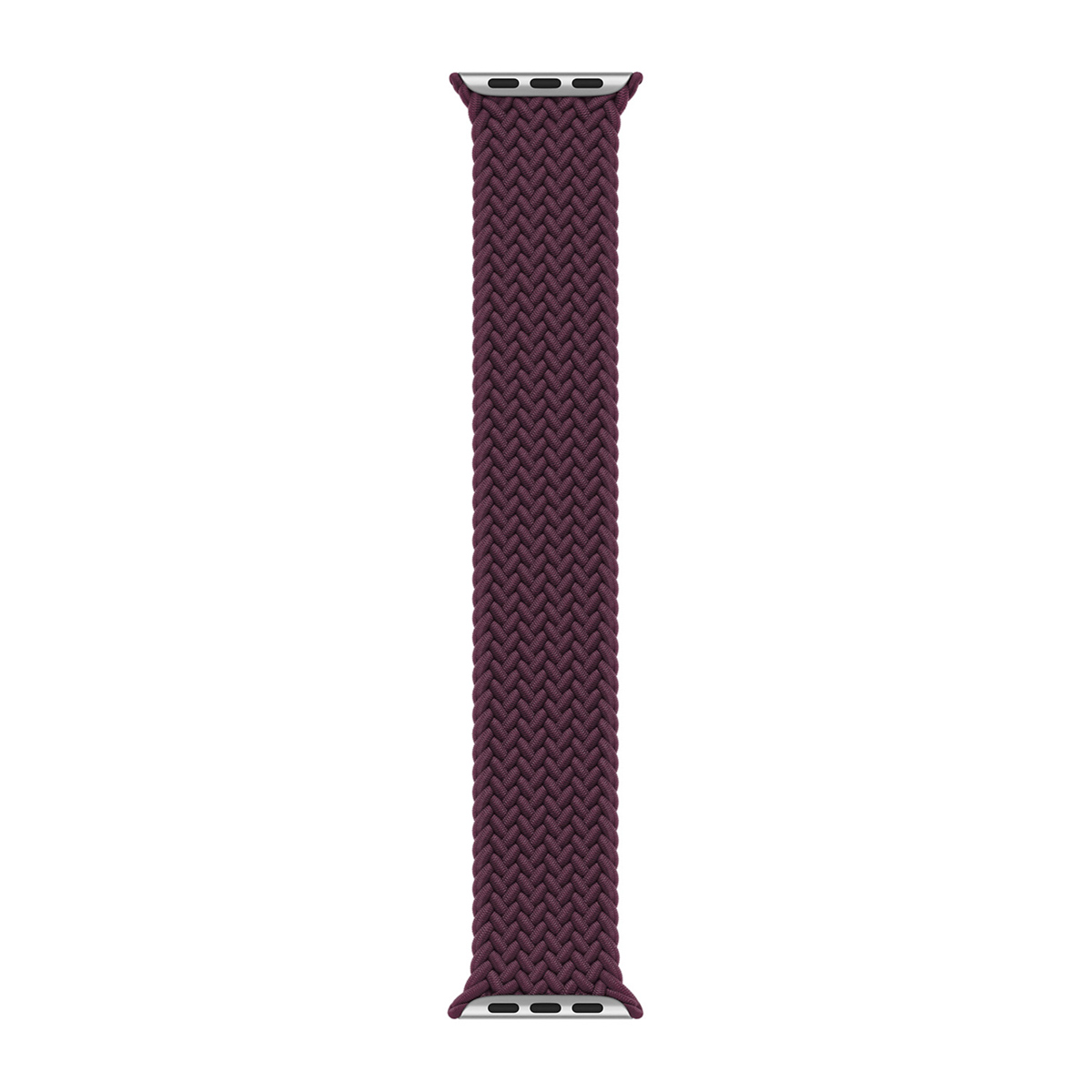Un cinturino Solo Loop intrecciato per Apple Watch color prugna scuro. Il cinturino è orientato verticalmente su sfondo bianco.