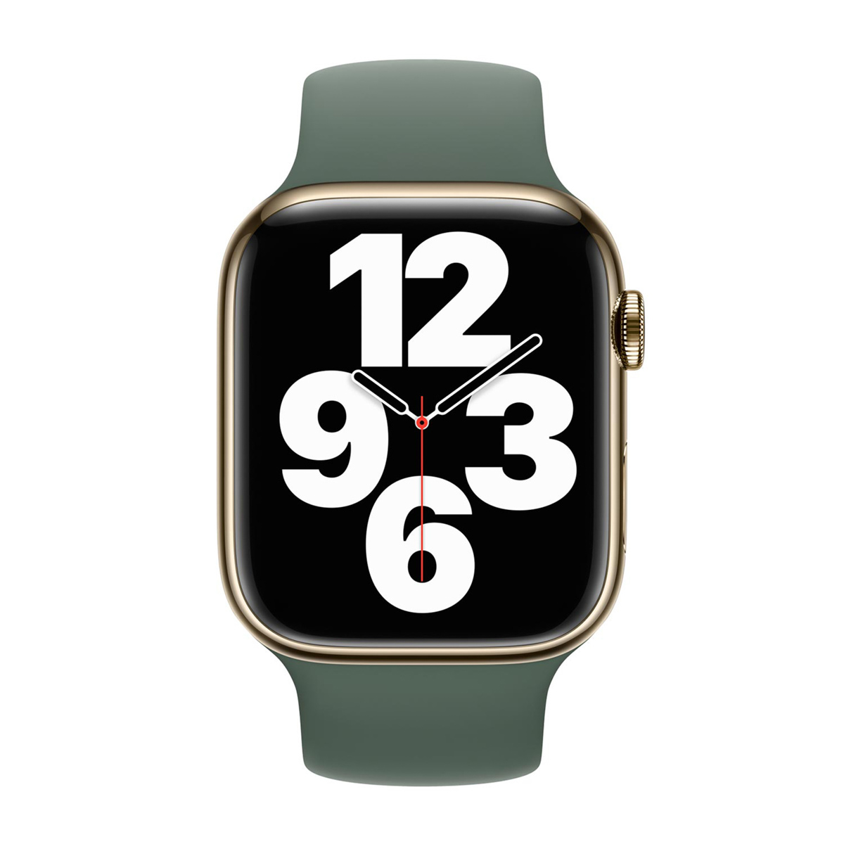 Złoty Apple Watch z czarnym ekranem pokazującym godzinę. Ma zielony pasek.