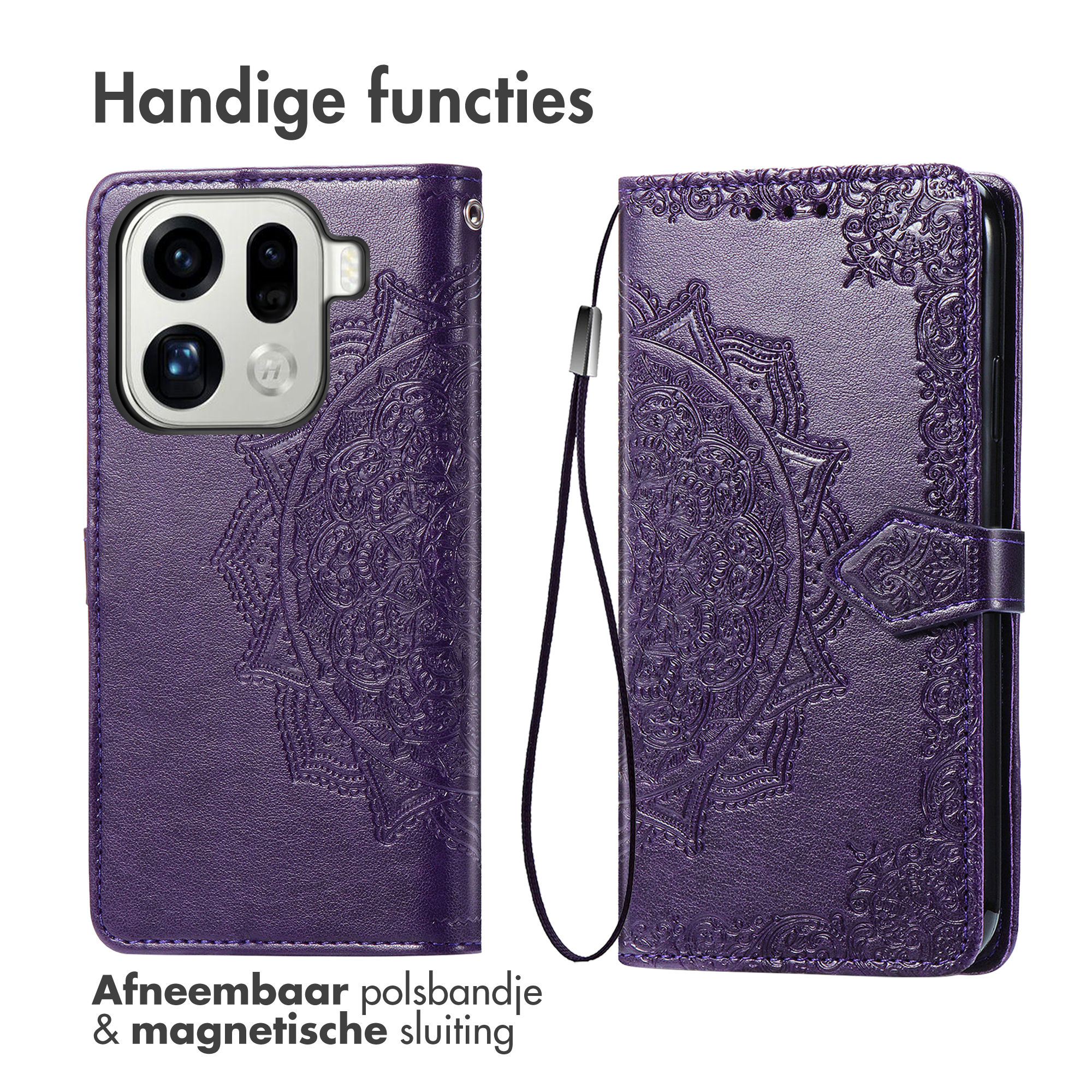 Custodia per telefono viola con design mandala.  Cinturino da polso rimovibile e chiusura magnetica. Testo: 'Handige functies'.
