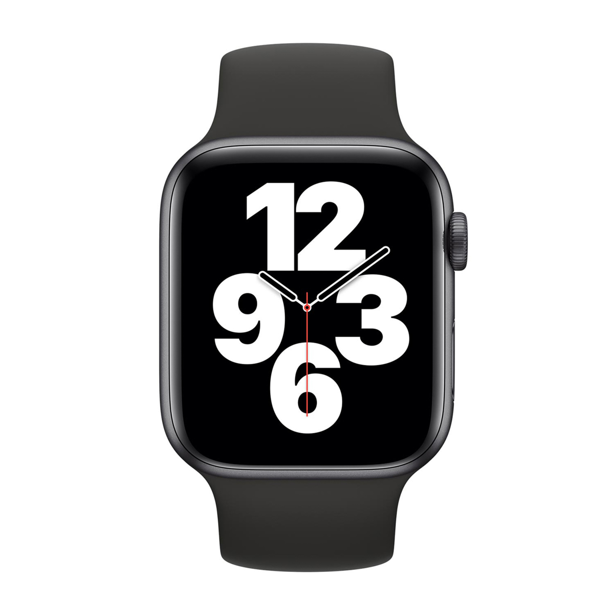 Un Apple Watch nero mostra l'ora, con i numeri 12, 9, 3 e 6 in bianco su uno schermo nero.