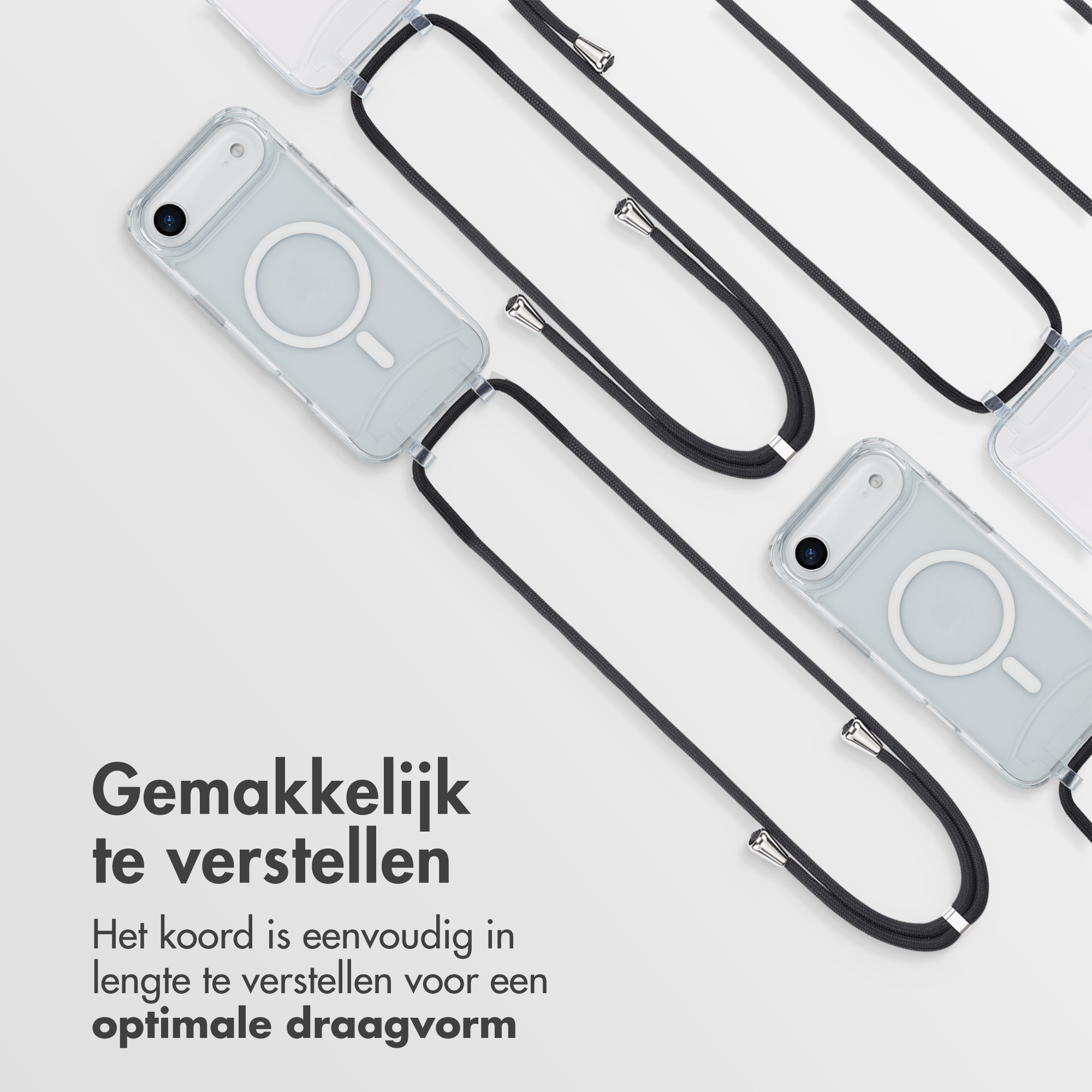 Custodie trasparenti per telefono con cordini neri. Le custodie hanno una fotocamera e un design a cerchio bianco. Sfondo bianco.