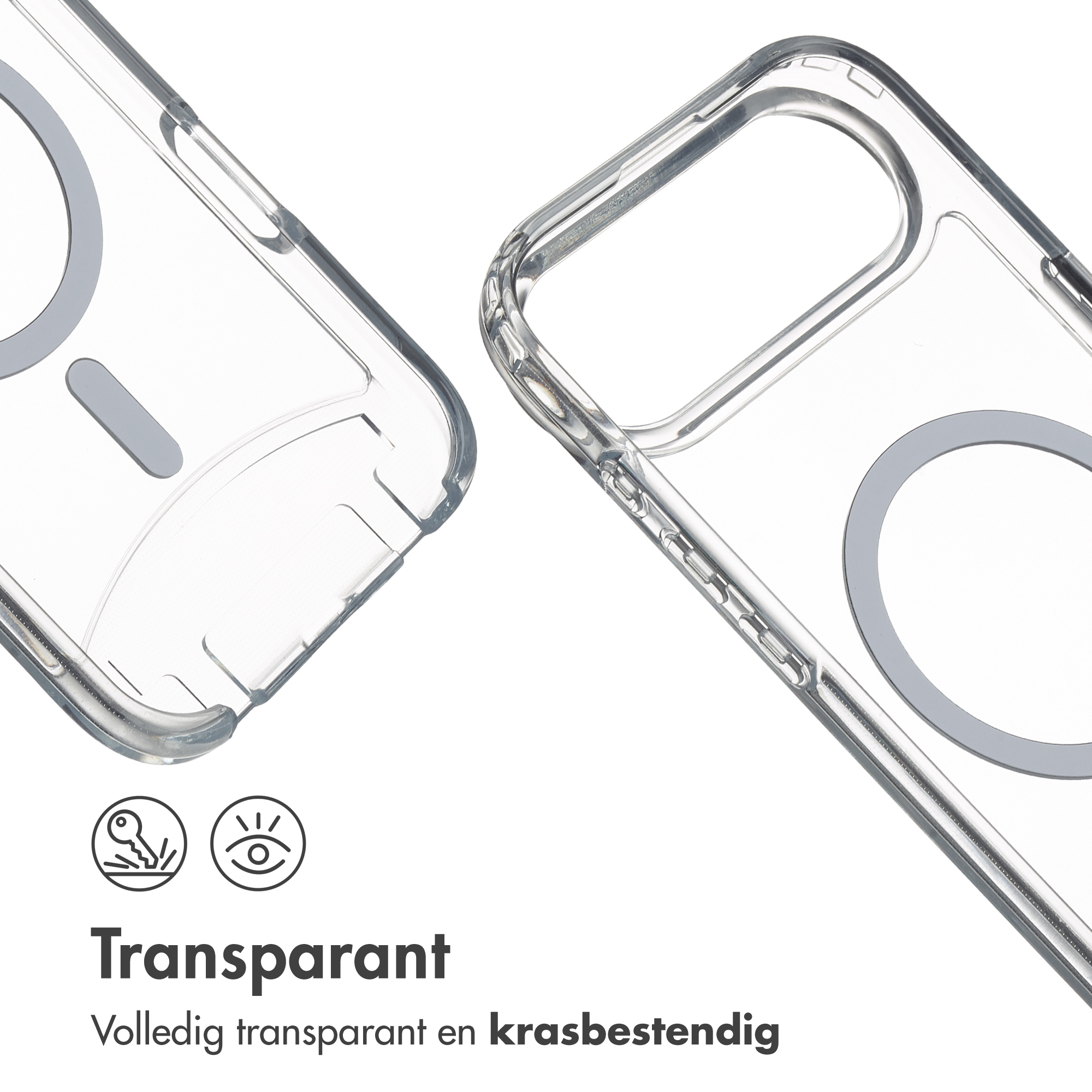 Custodie trasparenti per telefono con accenti grigi. Testo: 'Trasparente' e 'Completamente trasparente e resistente ai graffi'.